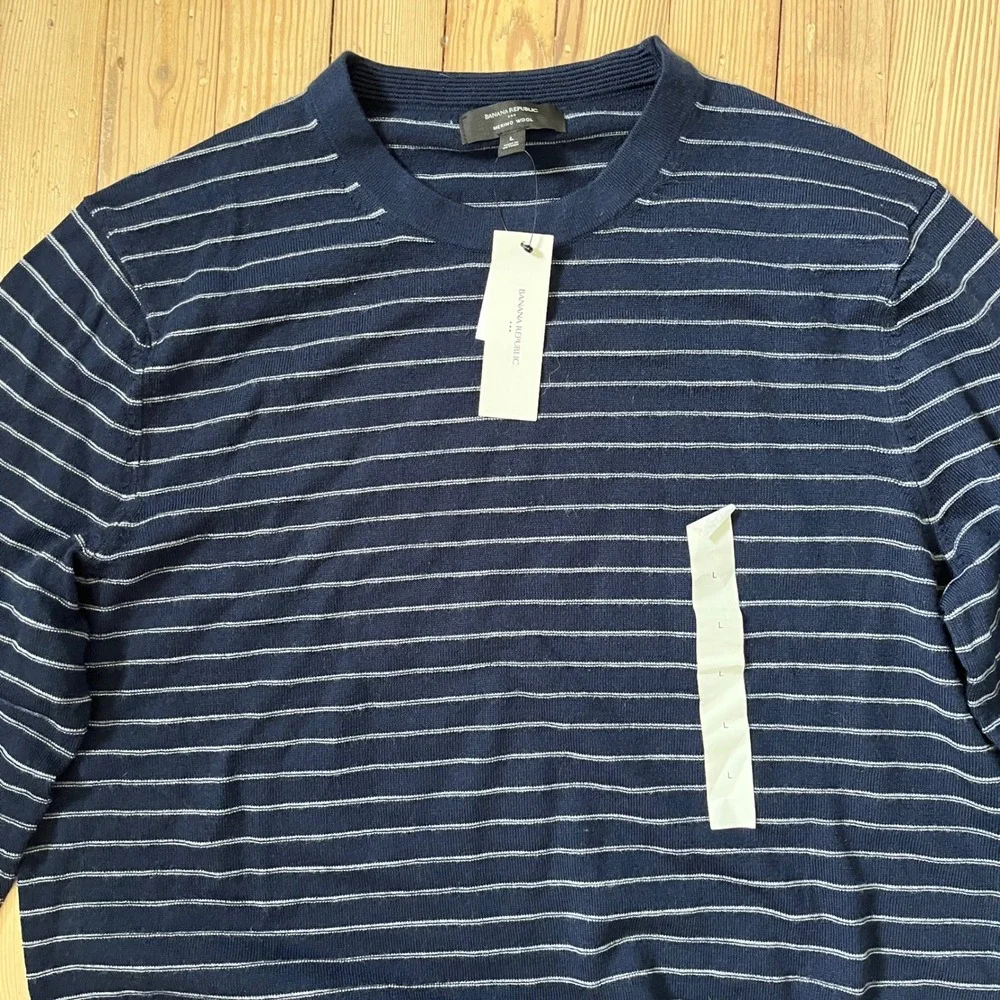 Banana Republic Mens Merino Wool Striped Crew Neck Sweater Navy Blue Large NEW